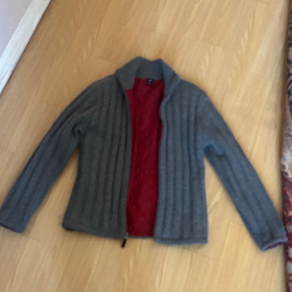 GAP Gray Ribbed Knit Jacket with Red Quilted Lining